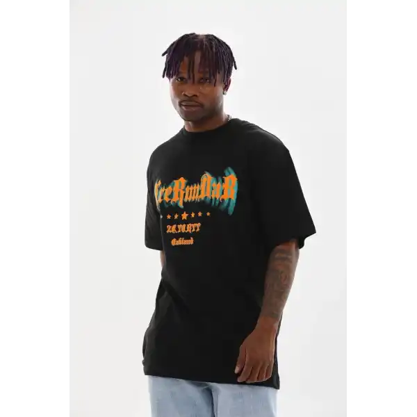 Erkek Baskılı T-Shirt Kısa Kol Bisiklet Yaka Rahat Kalıp Tişört - Siyah
