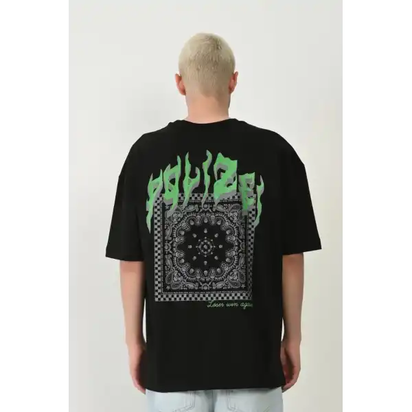 Erkek Baskılı T-Shirt Kısa Kol Bisiklet Yaka Rahat Kalıp Tişört  - Siyah