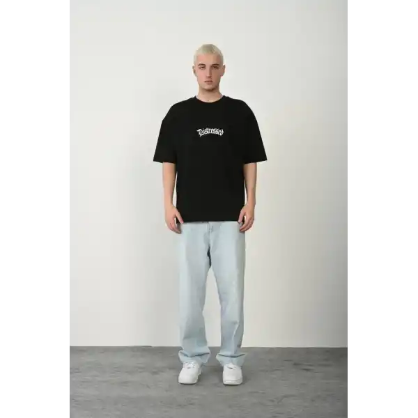 Erkek Baskılı T-Shirt Kısa Kol Bisiklet Yaka Rahat Kalıp Tişört - Siyah
