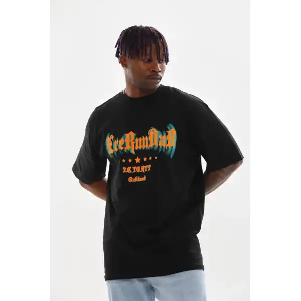 Erkek Baskılı T-Shirt Kısa Kol Bisiklet Yaka Rahat Kalıp Tişört - Siyah
