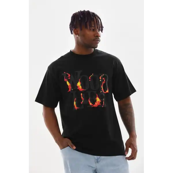 Erkek Baskılı T-Shirt Kısa Kol Bisiklet Yaka Rahat Kalıp Tişört - Siyah
