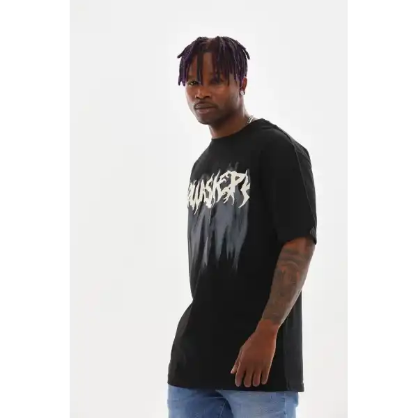 Erkek Baskılı T-Shirt Kısa Kol Bisiklet Yaka Rahat Kalıp Tişört - Siyah