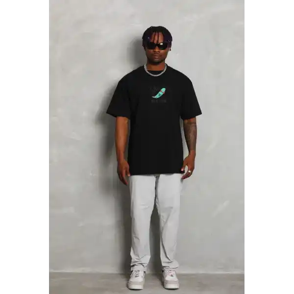 Erkek Baskılı T-Shirt Kısa Kol Bisiklet Yaka Rahat Kalıp Tişört - Siyah