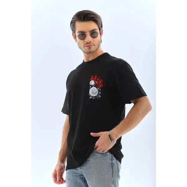 Erkek Baskılı T-Shirt Kısa Kol Bisiklet Yaka Rahat Kalıp Tişört  - Siyah