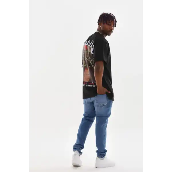 Erkek Baskılı T-Shirt Kısa Kol Bisiklet Yaka Rahat Kalıp Tişört  - Siyah