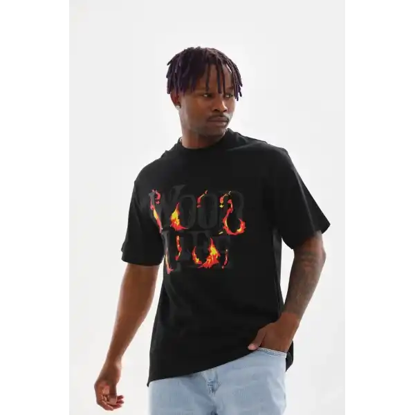 Erkek Baskılı T-Shirt Kısa Kol Bisiklet Yaka Rahat Kalıp Tişört - Siyah