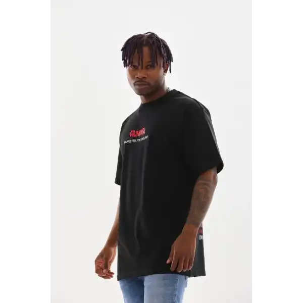 Erkek Baskılı T-Shirt Kısa Kol Bisiklet Yaka Rahat Kalıp Tişört  - Siyah