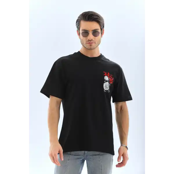 Erkek Baskılı T-Shirt Kısa Kol Bisiklet Yaka Rahat Kalıp Tişört  - Siyah