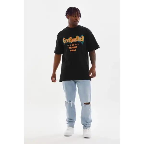 Erkek Baskılı T-Shirt Kısa Kol Bisiklet Yaka Rahat Kalıp Tişört - Siyah