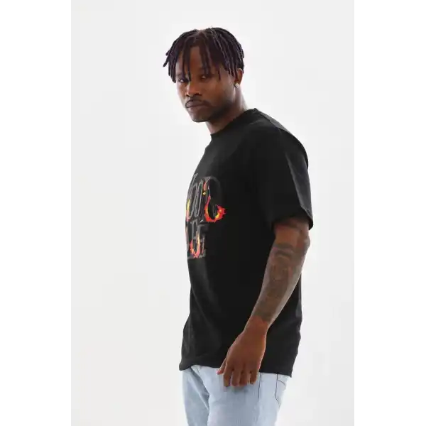 Erkek Baskılı T-Shirt Kısa Kol Bisiklet Yaka Rahat Kalıp Tişört - Siyah