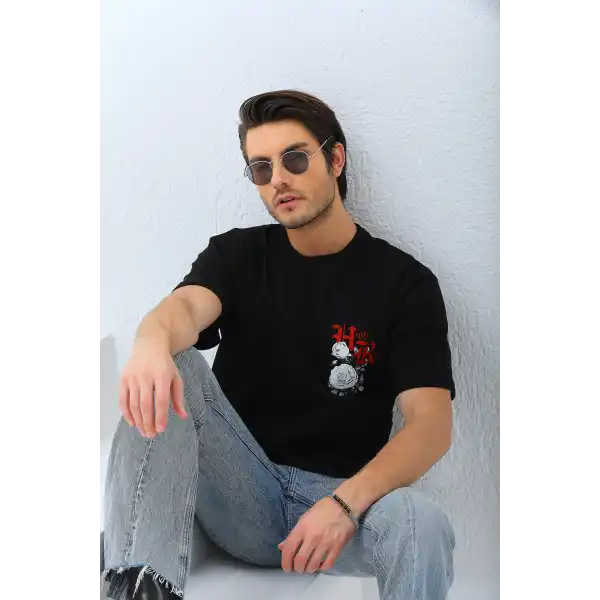 Erkek Baskılı T-Shirt Kısa Kol Bisiklet Yaka Rahat Kalıp Tişört  - Siyah