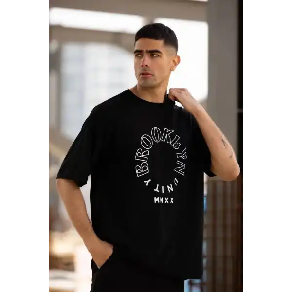Erkek Baskılı T-Shirt Kısa Kol Bisiklet Yaka Regular Fit Rahat Kalıp Günlük Tişört - Siyah