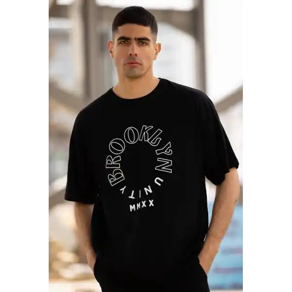 Erkek Baskılı T-Shirt Kısa Kol Bisiklet Yaka Regular Fit Rahat Kalıp Günlük Tişört - Siyah