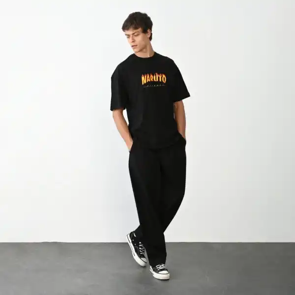 Erkek Baskılı T-Shirt Kısa Kol Bisiklet Yaka Regular Fit Rahat Kalıp Günlük Tişört - Siyah