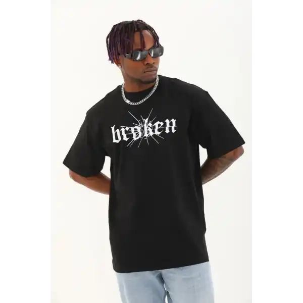 Erkek Baskılı T-Shirt Kısa Kol Bisiklet Yaka Regular Fit Rahat Kalıp Günlük Tişört - Siyah