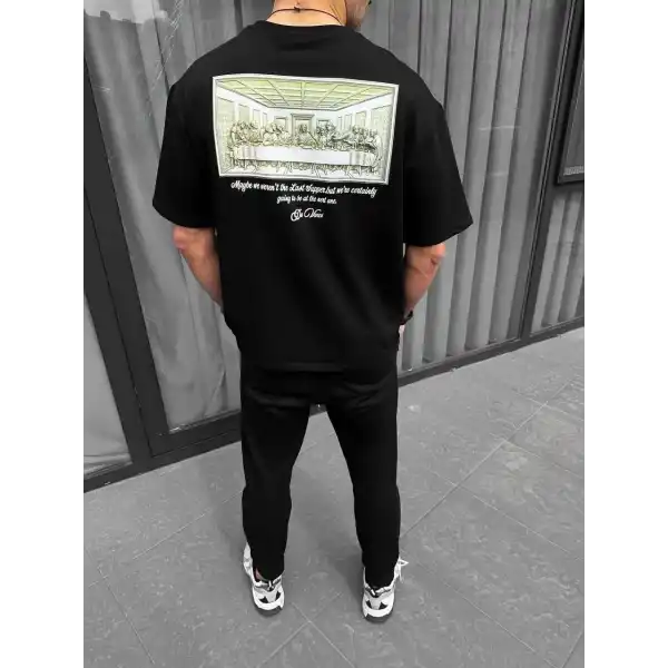 Erkek Baskılı T-Shirt Kısa Kol Bisiklet Yaka Regular Fit Rahat Kalıp Günlük Tişört - Siyah