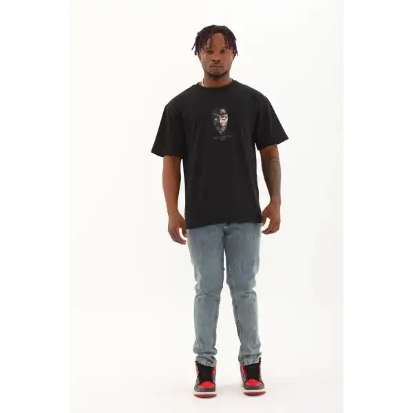 Erkek Baskılı T-Shirt Kısa Kol Bisiklet Yaka Regular Fit Rahat Kalıp Günlük Tişört - Siyah