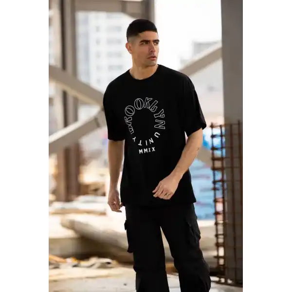 Erkek Baskılı T-Shirt Kısa Kol Bisiklet Yaka Regular Fit Rahat Kalıp Günlük Tişört - Siyah