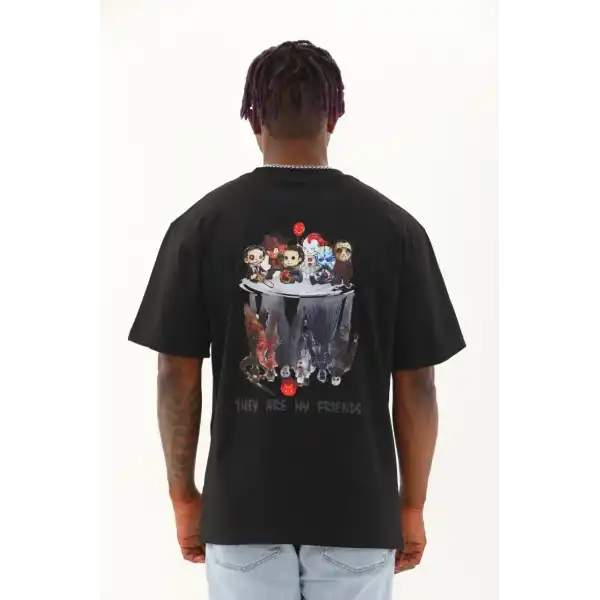Erkek Baskılı T-Shirt Kısa Kol Bisiklet Yaka Regular Fit Rahat Kalıp Günlük Tişört - Siyah