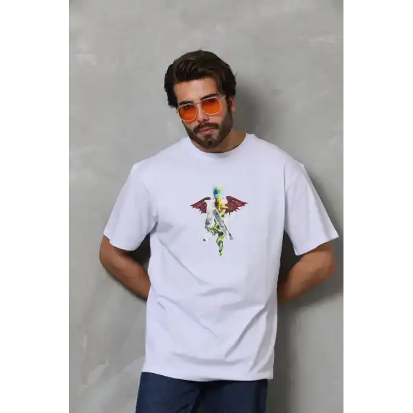 Erkek Baskılı T-Shirt Kısa Kol Bisiklet Yaka Regular Fit Rahat Kalıp Tişört -  Beyaz