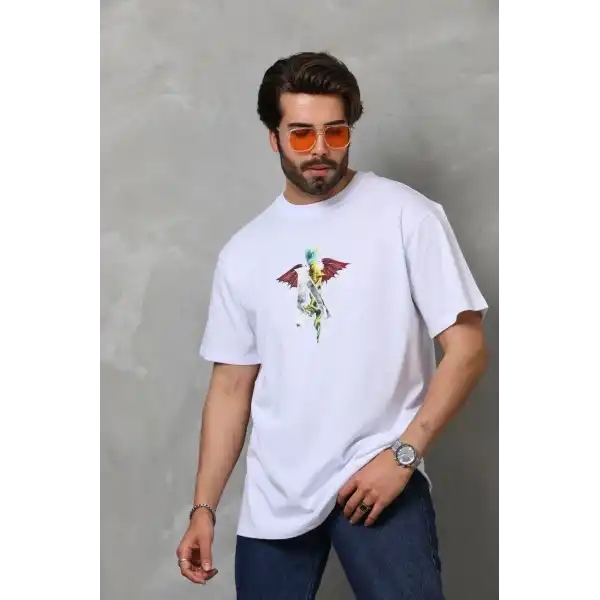 Erkek Baskılı T-Shirt Kısa Kol Bisiklet Yaka Regular Fit Rahat Kalıp Tişört -  Beyaz