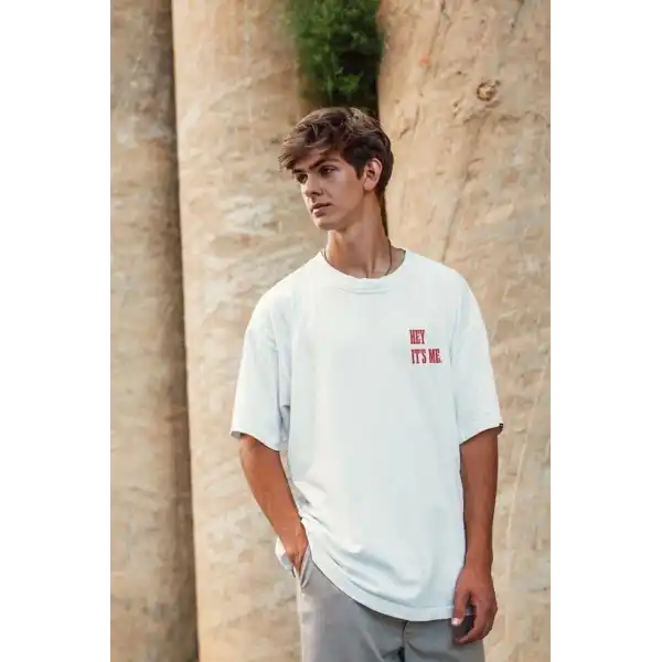 Erkek Baskılı T-Shirt Kısa Kol Bisiklet Yaka Regular Fit Rahat Kalıp Tişört - Beyaz