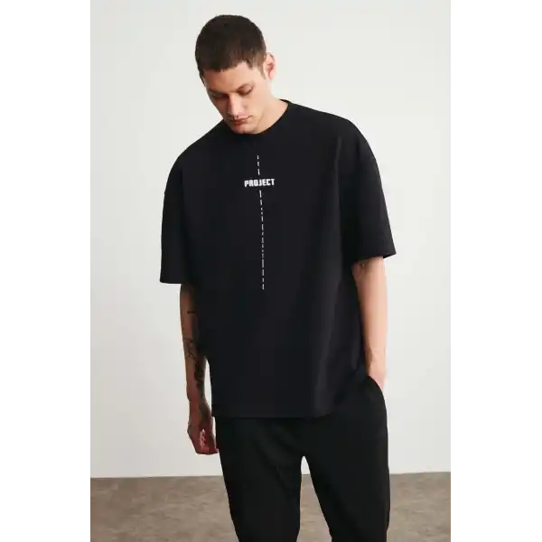 Erkek Baskılı T-Shirt Kısa Kol Bisiklet Yaka Regular Fit Rahat Kalıp Tişört - Siyah