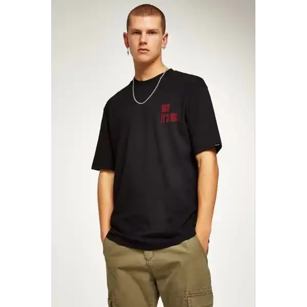 Erkek Baskılı T-Shirt Kısa Kol Bisiklet Yaka Regular Fit Rahat Kalıp Tişört - Siyah