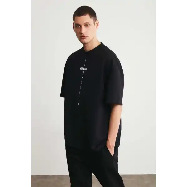 Erkek Baskılı T-Shirt Kısa Kol Bisiklet Yaka Regular Fit Rahat Kalıp Tişört - Siyah