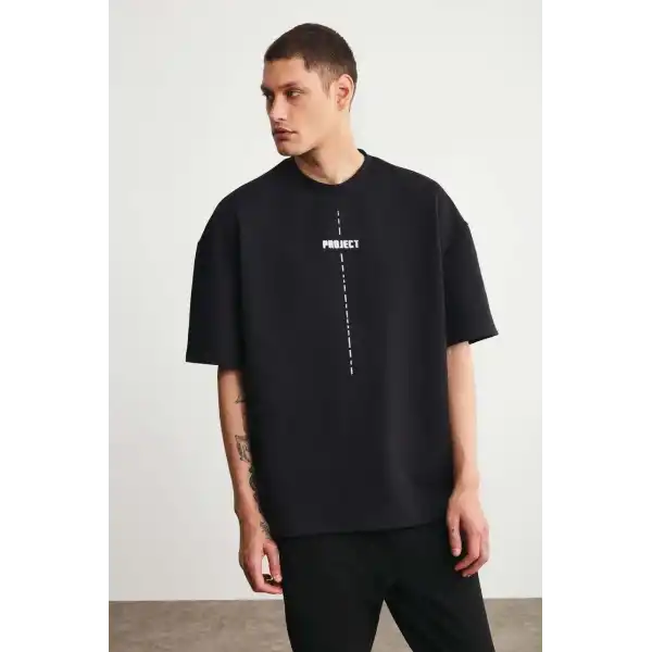 Erkek Baskılı T-Shirt Kısa Kol Bisiklet Yaka Regular Fit Rahat Kalıp Tişört - Siyah