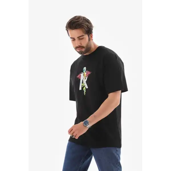 Erkek Baskılı T-Shirt Kısa Kol Bisiklet Yaka Regular Fit Rahat Kalıp Tişört -  Siyah