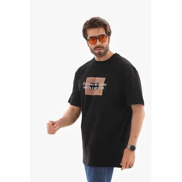 Erkek Baskılı T-Shirt Kısa Kol Bisiklet Yaka Regular Fit Rahat Kalıp Tişört -  Siyah