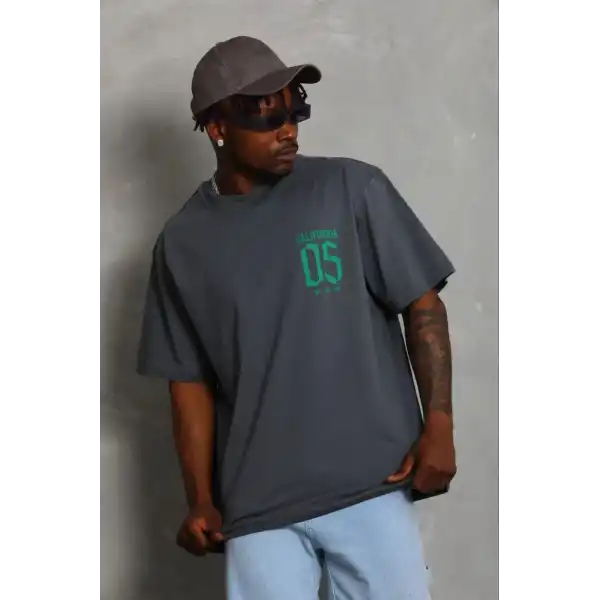 Erkek Baskılı T-Shirt Kısa Kol Bisiklet Yaka Regular Fit Rahat Tişört - Füme