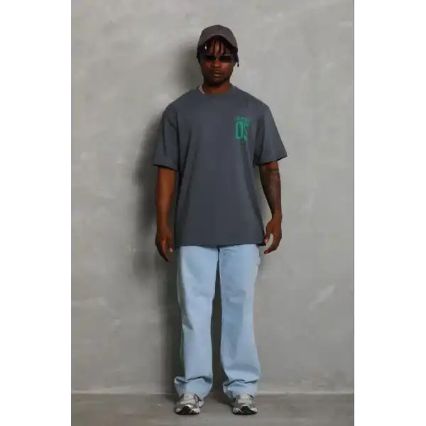 Erkek Baskılı T-Shirt Kısa Kol Bisiklet Yaka Regular Fit Rahat Tişört - Füme