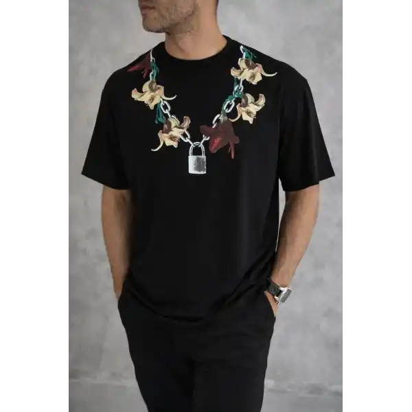 Erkek Baskılı T-Shirt Kısa Kol Bisiklet Yaka Regular Fit Rahat Tişört - Siyah