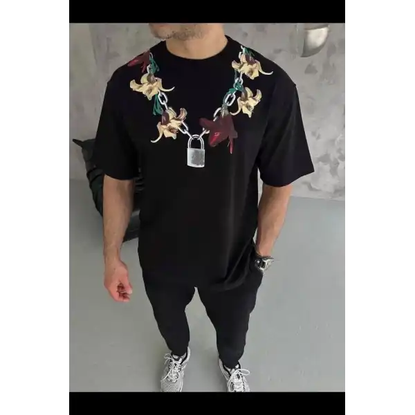 Erkek Baskılı T-Shirt Kısa Kol Bisiklet Yaka Regular Fit Rahat Tişört - Siyah