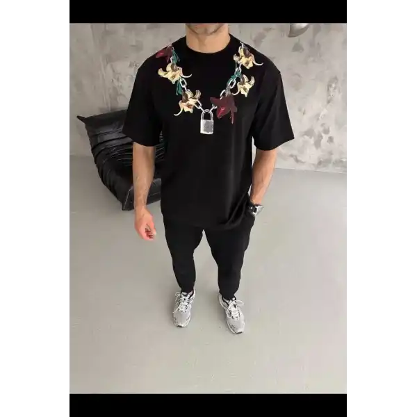 Erkek Baskılı T-Shirt Kısa Kol Bisiklet Yaka Regular Fit Rahat Tişört - Siyah