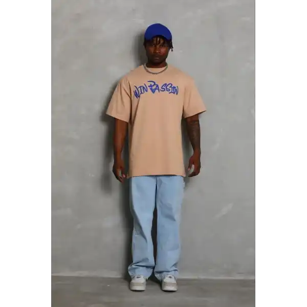 Erkek Baskılı T-Shirt Kısa Kol Bisiklet Yaka Regular Fit Tişört - Bej
