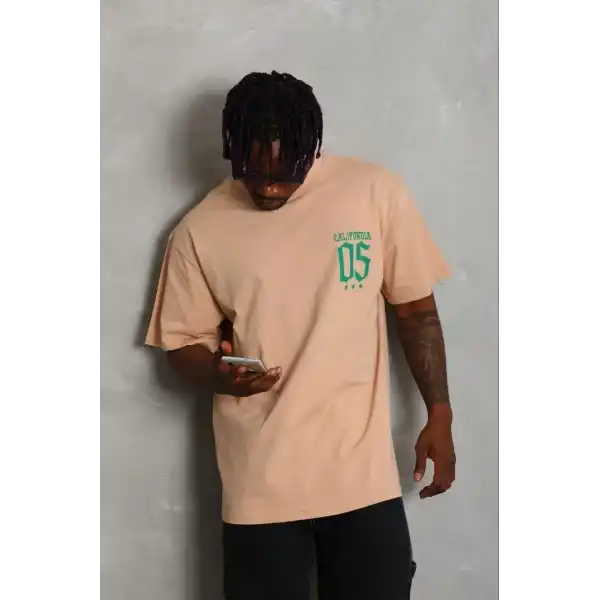 Erkek Baskılı T-Shirt Kısa Kol Bisiklet Yaka Regular Fit Tişört - Bej