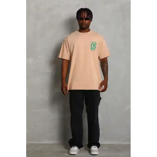Erkek Baskılı T-Shirt Kısa Kol Bisiklet Yaka Regular Fit Tişört - Bej