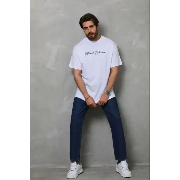 Erkek Baskılı T-Shirt Kısa Kol Bisiklet Yaka Regular Fit Tişört - Beyaz