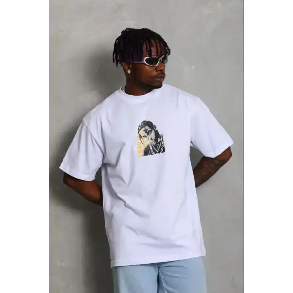 Erkek Baskılı T-Shirt Kısa Kol Bisiklet Yaka Regular Fit Tişört - Beyaz