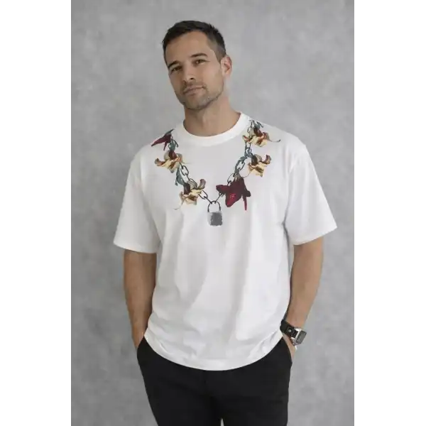 Erkek Baskılı T-Shirt Kısa Kol Bisiklet Yaka Regular Fit Tişört - Beyaz