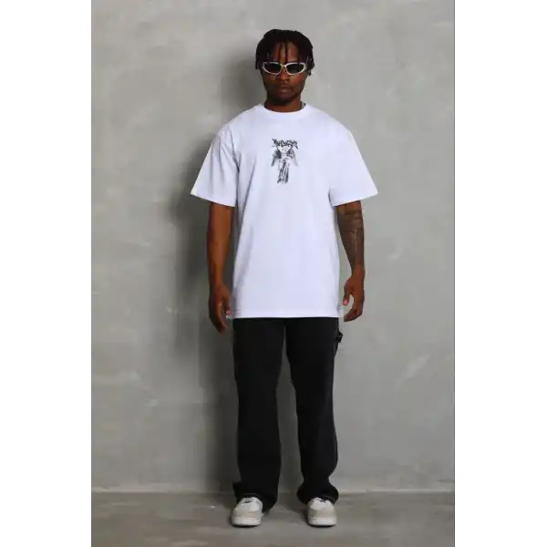 Erkek Baskılı T-Shirt Kısa Kol Bisiklet Yaka Regular Fit Tişört - Beyaz