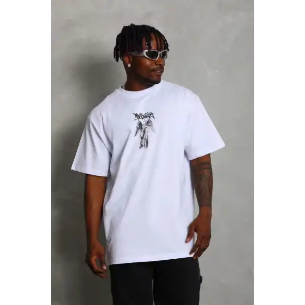 Erkek Baskılı T-Shirt Kısa Kol Bisiklet Yaka Regular Fit Tişört - Beyaz