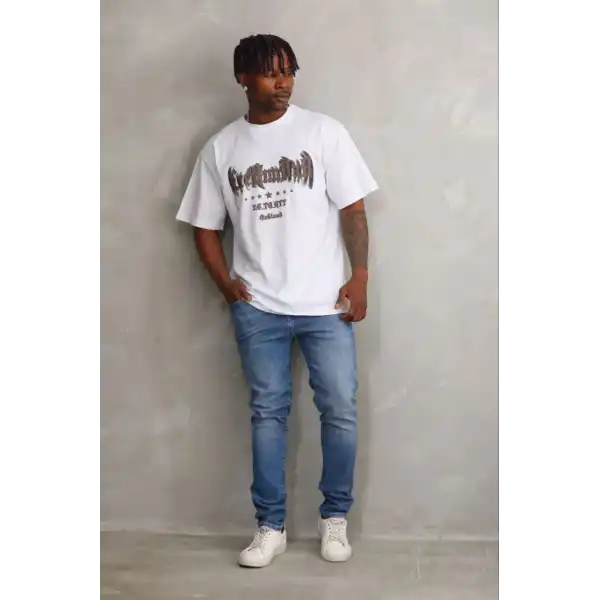 Erkek Baskılı T-Shirt Kısa Kol Bisiklet Yaka Regular Fit Tişört - Beyaz