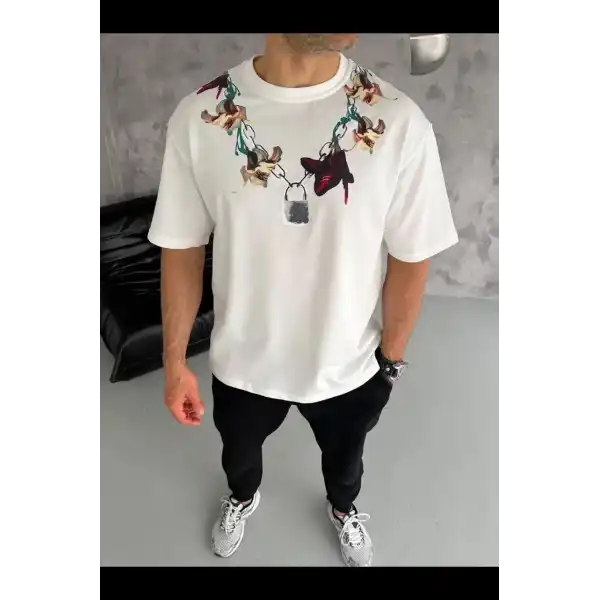Erkek Baskılı T-Shirt Kısa Kol Bisiklet Yaka Regular Fit Tişört - Beyaz