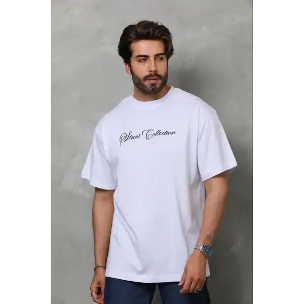 Erkek Baskılı T-Shirt Kısa Kol Bisiklet Yaka Regular Fit Tişört - Beyaz