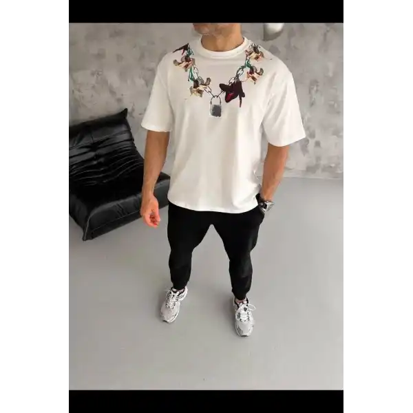 Erkek Baskılı T-Shirt Kısa Kol Bisiklet Yaka Regular Fit Tişört - Beyaz