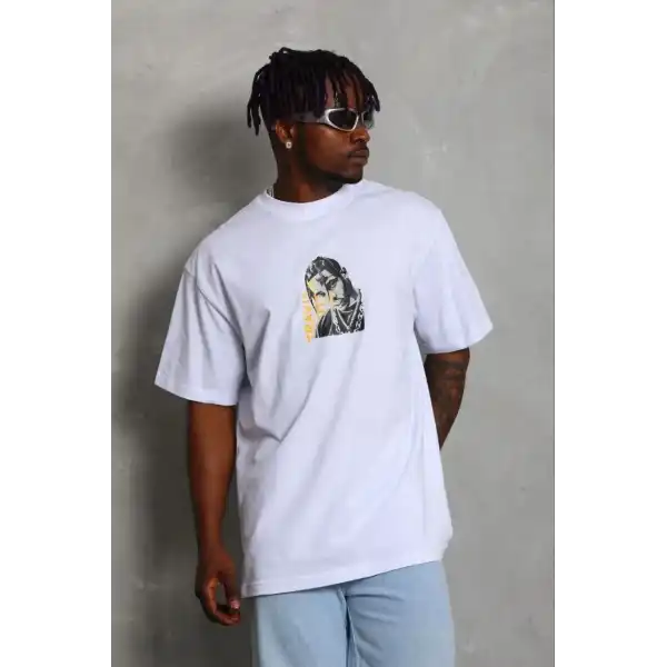 Erkek Baskılı T-Shirt Kısa Kol Bisiklet Yaka Regular Fit Tişört - Beyaz